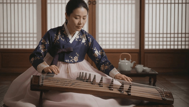 Woman playing gayageum wearing hanbok
