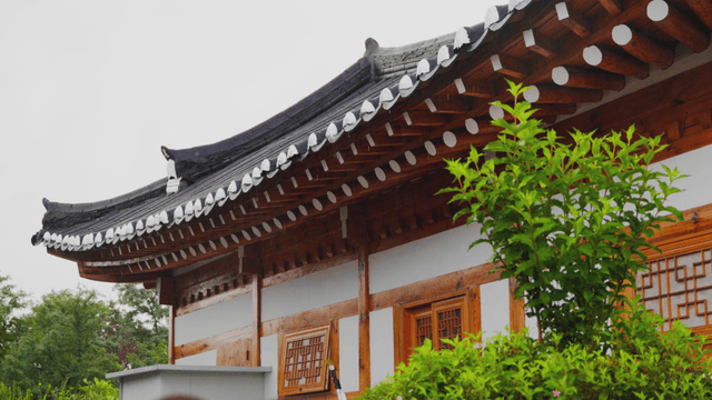 Green trees and traditional hanok tiled eaves