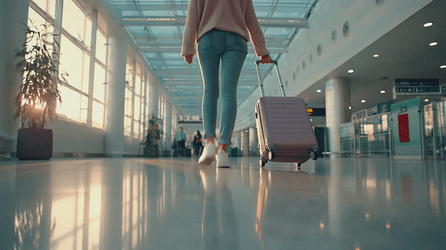 A person walking with a suitcase in an airport
