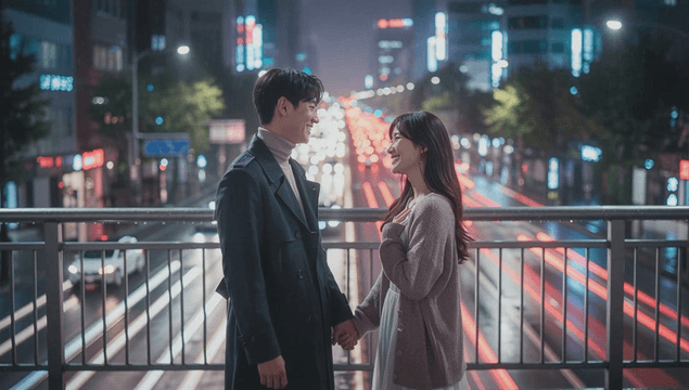 Couple standing on overpass above night road between buildings