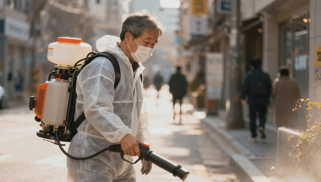 도시 거리에서 소독하는 남성