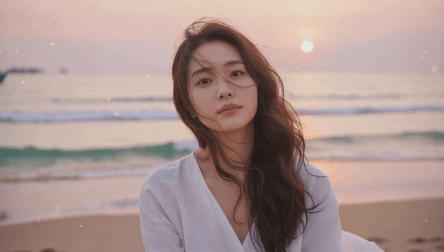Young woman facing tranquil sunset beach