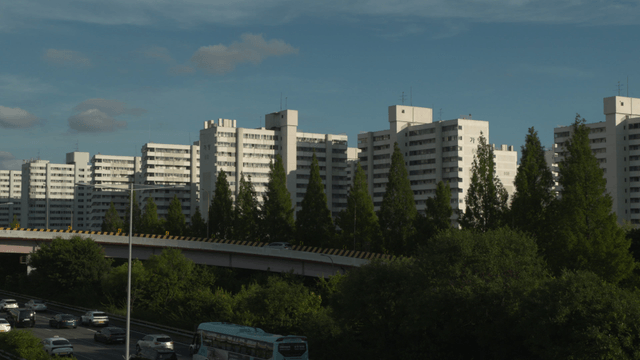 Apartment complex seen behind roadside trees