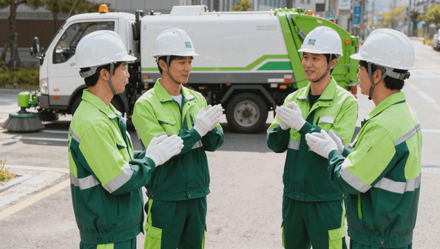 Sanitation workers cheering in uniforms