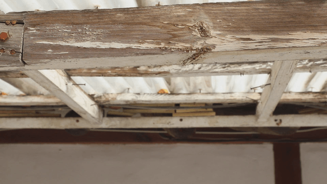 Old wooden beams under a roof
