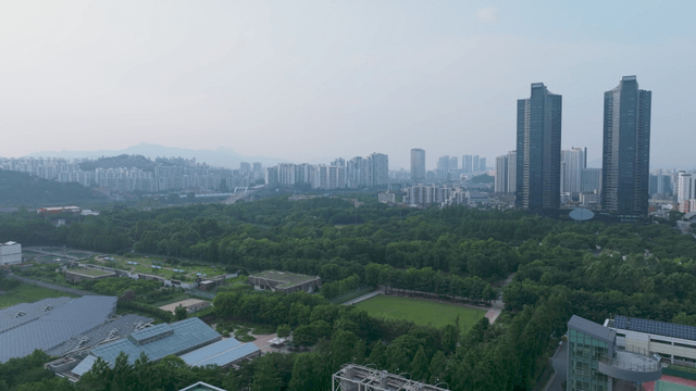 Green forest park with tall building in Seoul