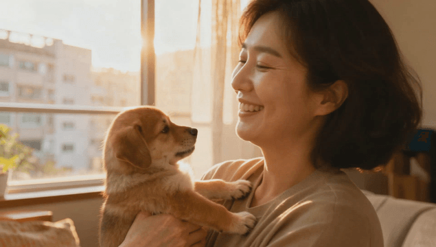 Puppy in the arms of a short-haired woman by the sunset window