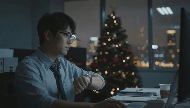 Office worker at night with Christmas tree