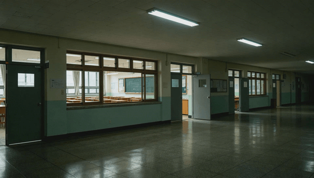 School hallway with empty classrooms