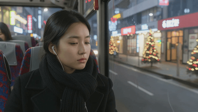 밤에 버스에서 밖을 보는 여성