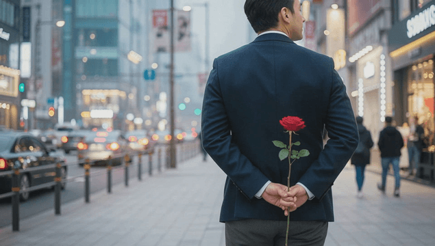 Man holding a rose in crowded city street