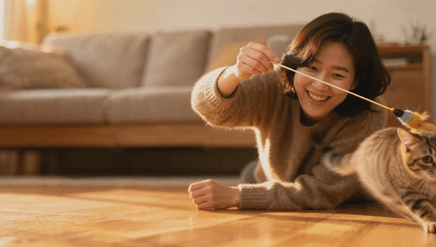 Woman playing with a cat in a living room