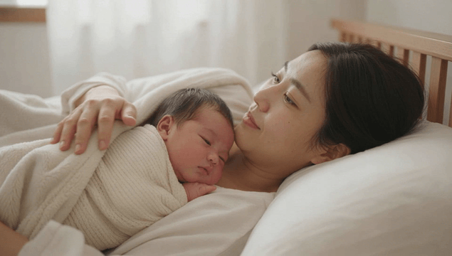 Mother and baby resting peacefully on the bed