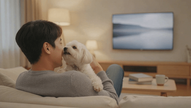 Man relaxing on a living room sofa with a dog