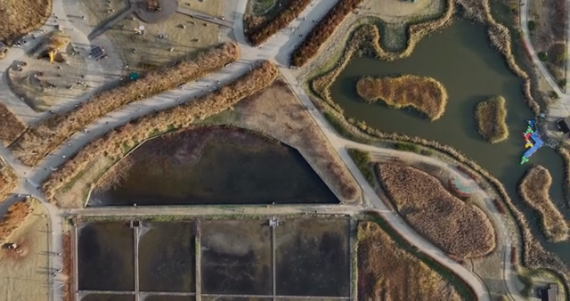 Aerial view of salt farm and park