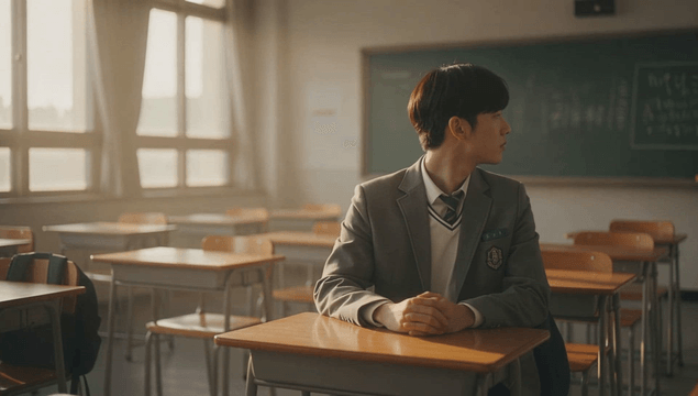 조용한 교실에 홀로 앉아있는 남학생