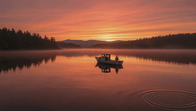 Fishing boat on quiet lake at sunset