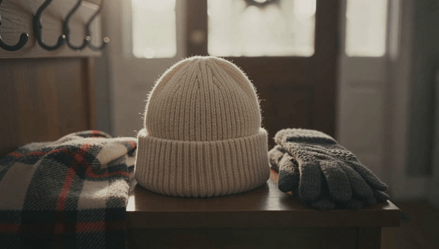 Warm scarf, winter hat, and gloves on an entryway table