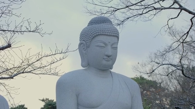 Serene Buddha statue in a winter landscape