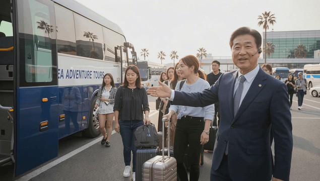 터미널에서 버스로 관광객들을 안내하는 남자 가이더