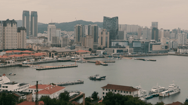 Bustling cityscape with a harbor view
