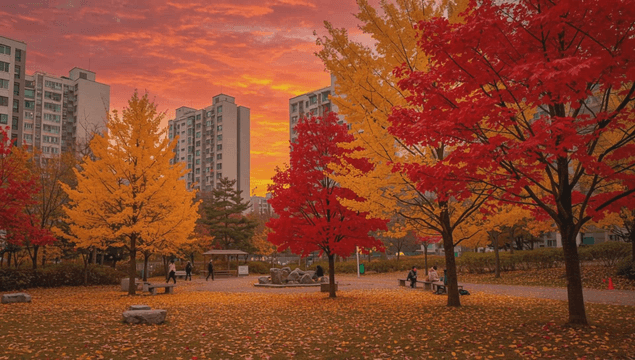 Autumn park with sunset sky and autumn foliage