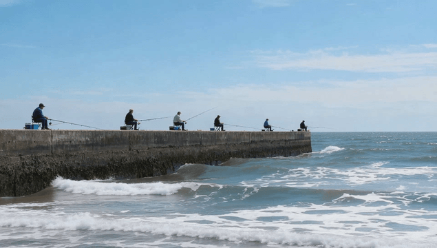 People fishing on a pier beside the sea