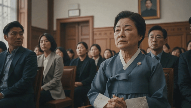 Anxious audience member in hanbok observing courtroom trial