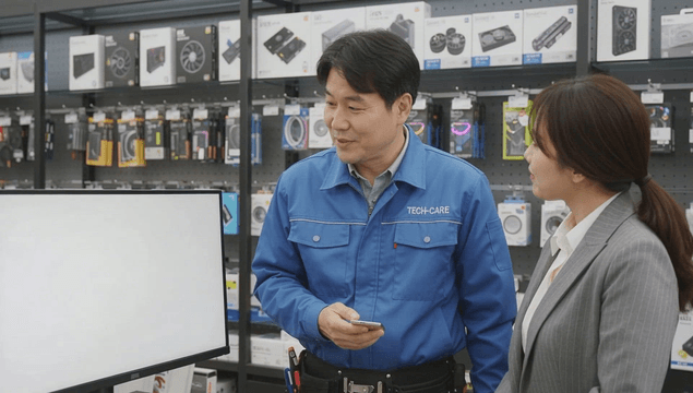 Tech specialist explaining monitors in a computer store