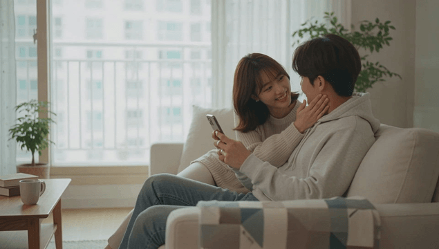 Couple spending time together on a living-room sofa looking at a smartphone