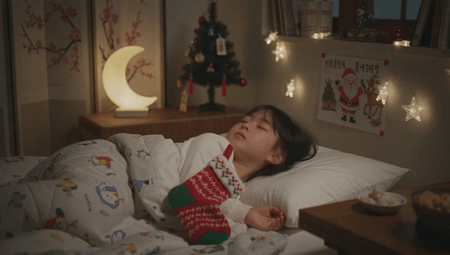 크리스마스 장식과 함께 자는 아이