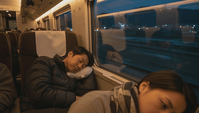 Late-night train with tired passengers asleep