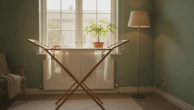 햇살이 비치는 방과 빨래 건조대