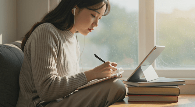 Woman studying by the window while looking at a tablet