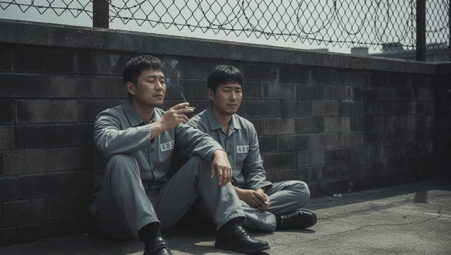 Male prisoners smoking on a prison rooftop