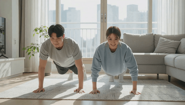 Married couple doing push ups in a bright living room