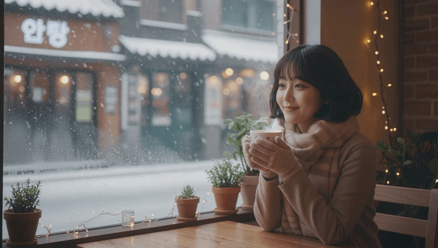 카페에서 따뜻한 음료를 즐기는 여성