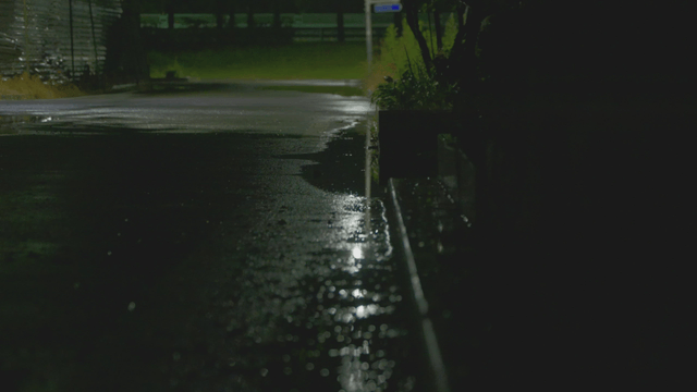 Rain falling on a quiet wet street at night