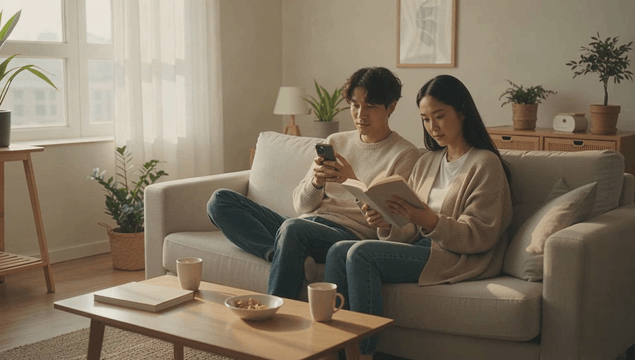 Couple relaxing on a cozy sofa with smartphone and book