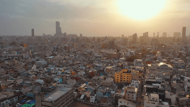 Sprawling cityscape at sunset