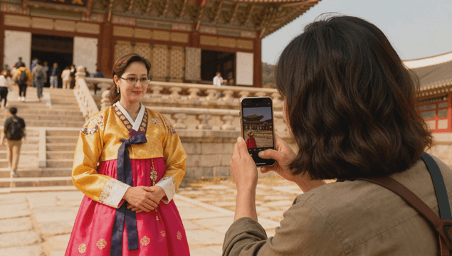 Foreign tourist in hanbok taking a photo at a palace