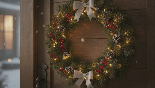나무 문에 걸린 크리스마스 화환