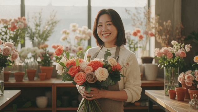 Flower shop owner woman smiling with a bouquet