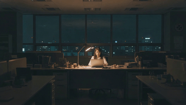 Office worker working late at night in office