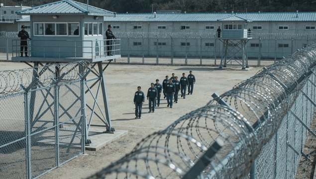 Inmates moving across a prison yard