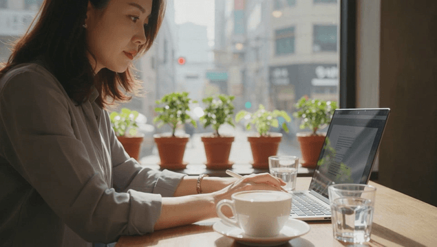 Office worker woman working on laptop in cafe