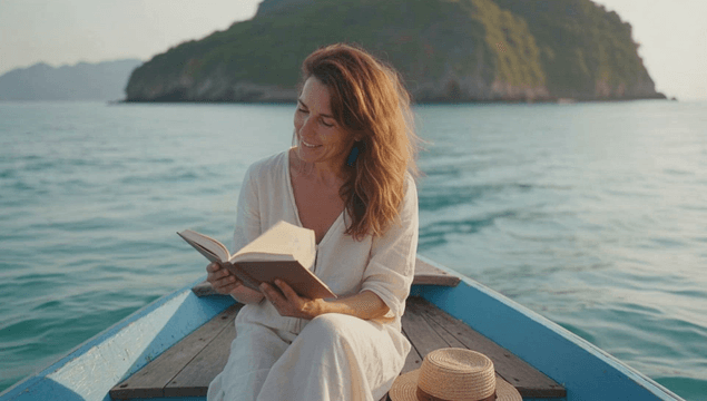 Happy woman reading a book on a boat at sea