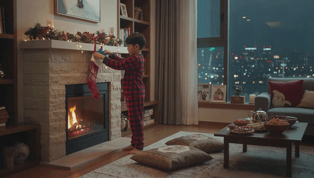 벽난로에 양말을 거는 아이