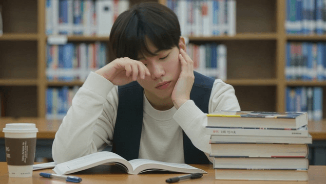 College student studying in library