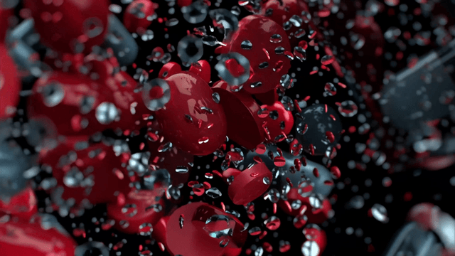 물방울과 날아가는 다양한 색상의 알약들